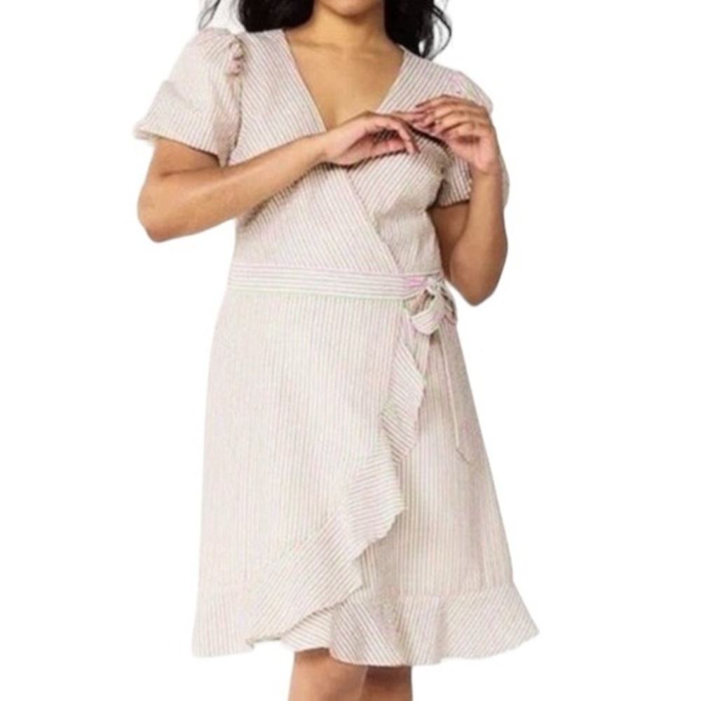 Draper James RSVP Pink and Green Striped Seersucker Dress M